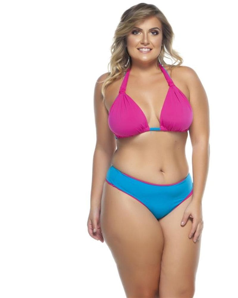 Front of a model wearing a size 16 Double Reversible Sliding Triangle Bikini Top in Blue Greek Lollipop by Lehona. | dia_product_style_image_id:267513